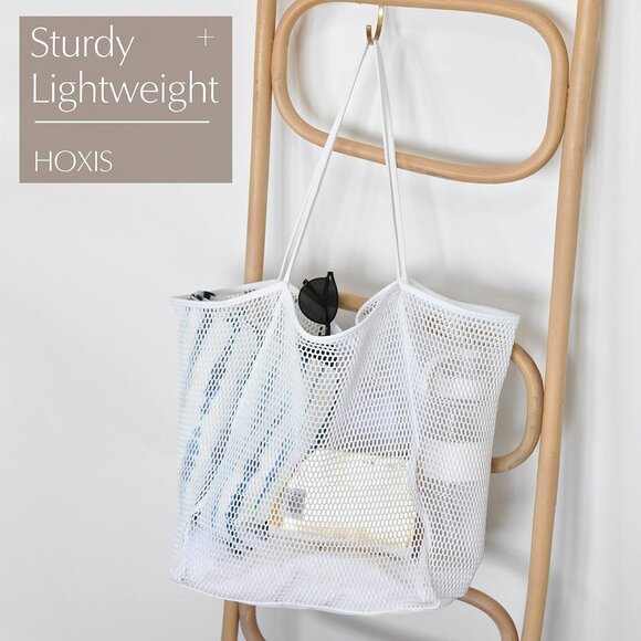 Women's White Mesh Beach Nylon & Polyester No-closure Tote Shoulder Handbag - Picture 3 of 7